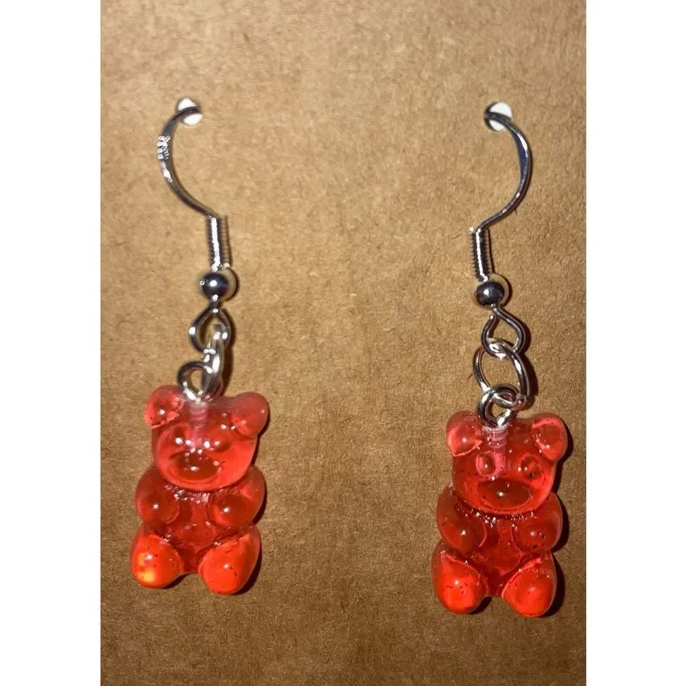 ☀️3/$9☀️ Red-Orange Resin Gummy Bear Dangle Earring with .925 Silver Hooks - Picture 1 of 6